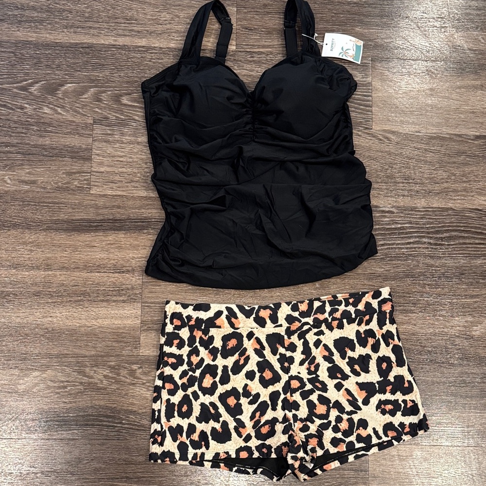 Black Ruched Bikini Top with Leopard Print Bottoms